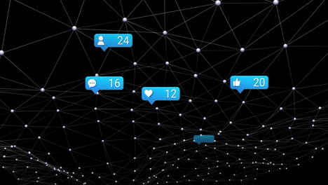 animation of social media icons and numbers over connections on black background