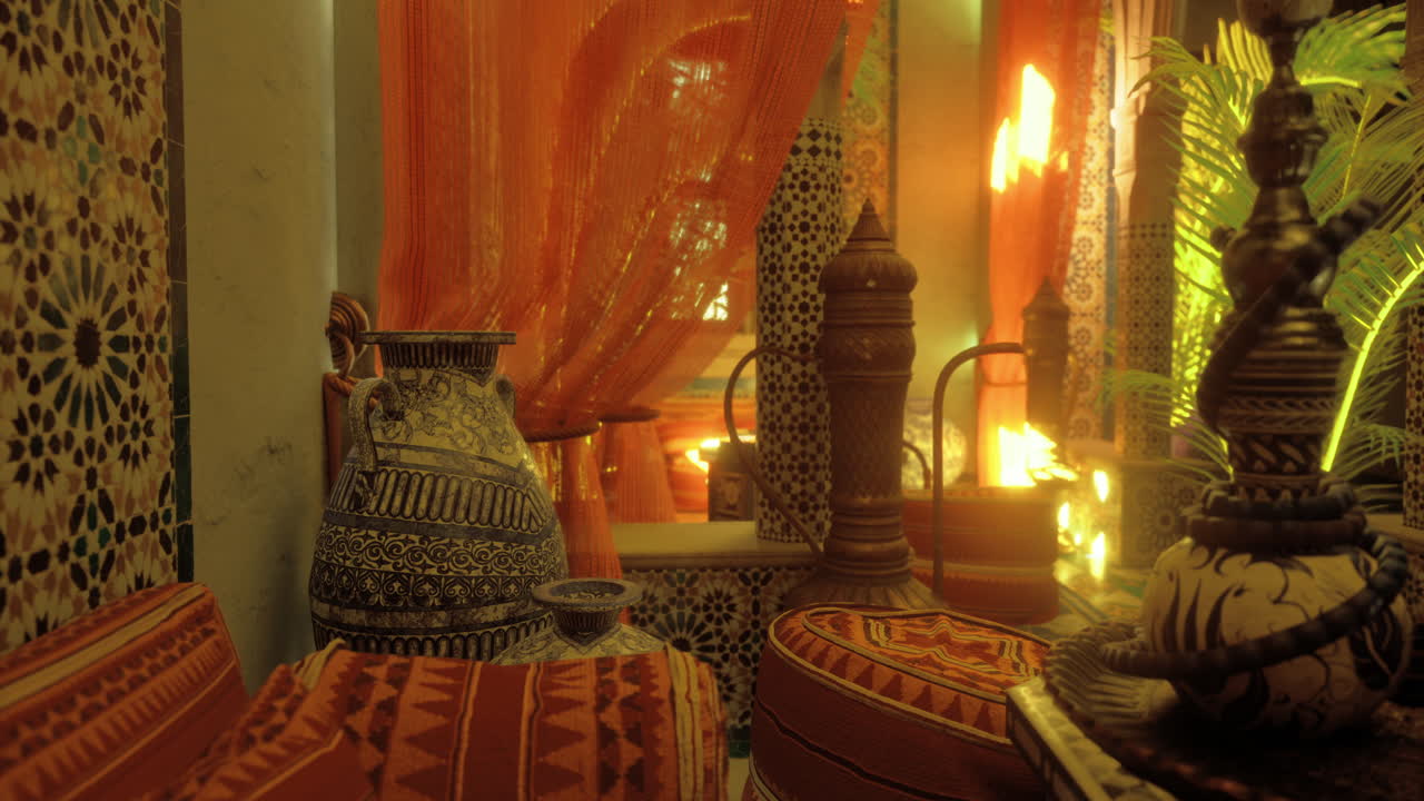 Cozy interior of a traditional moroccan lounge with vibrant decor and textures