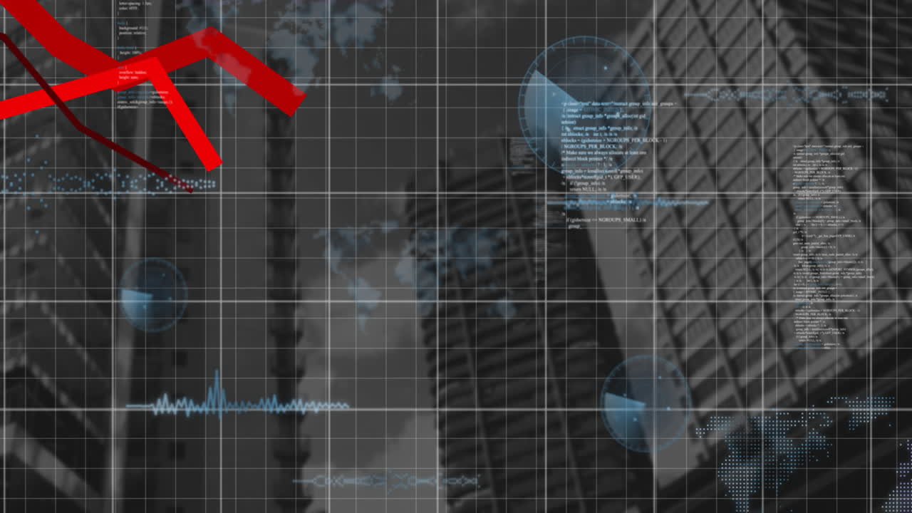 animación del procesamiento de datos financieros sobre el paisaje urbano