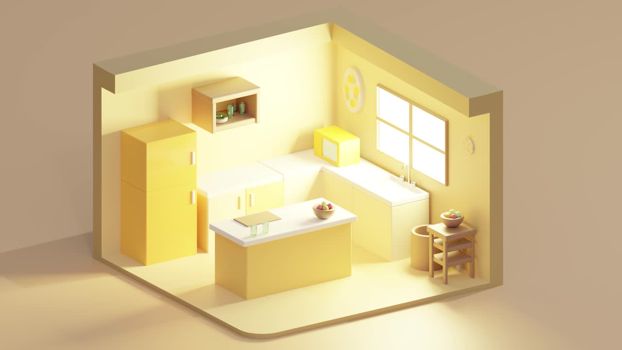 3D loop of cartoon low poly yellow kitchen with window. Isometric view