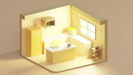 3d loop of cartoon low poly yellow kitchen with window. isometric view