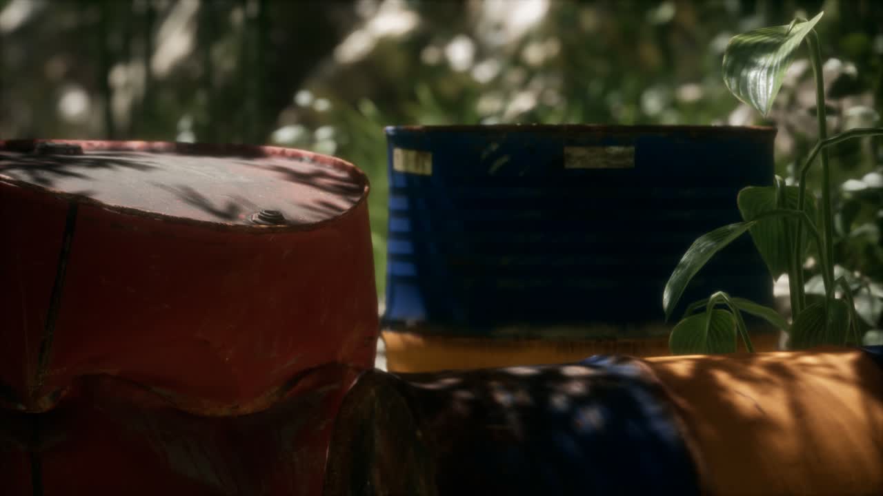 barriles oxidados en el bosque verde