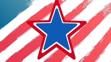 animation of white, blue and red star over american flag stripes in background