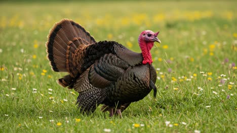 a striking wild turkey struts confidently across a vibrant meadow filled with colorful wildflowers, showcasing its unique plumage and characteristic features