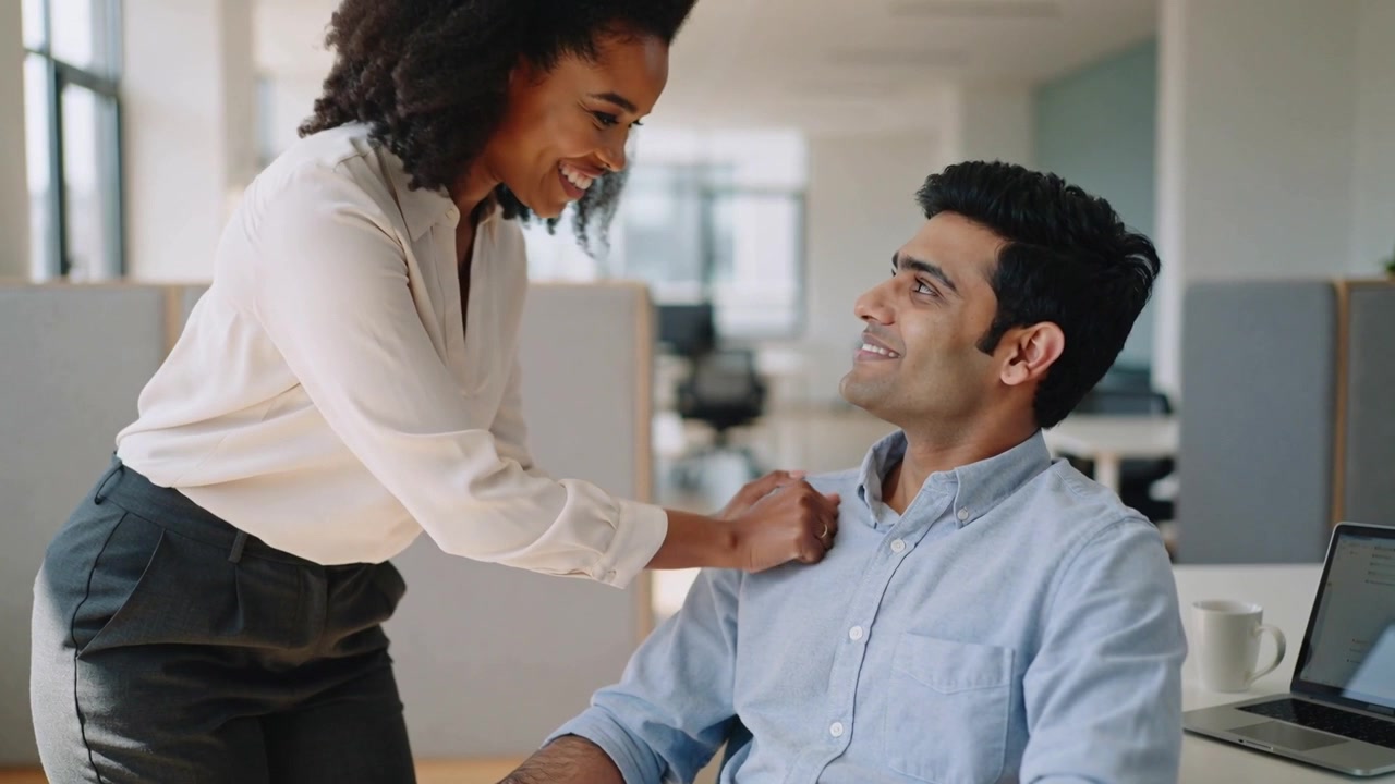 Approaching woman in light blouse adjusting man's blue shirt collar at desk to help, laptop, mug