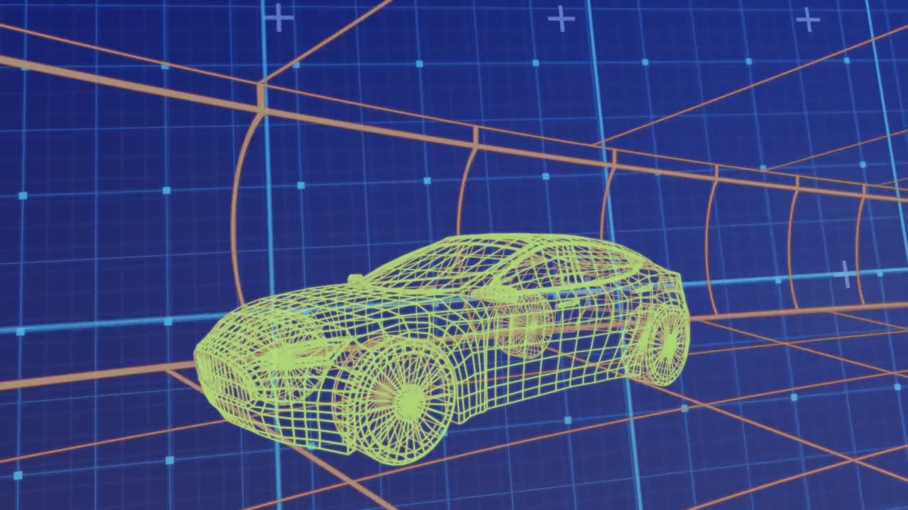 파란색 배경에 디지털 자동차를 통해 데이터 처리 및 모양의 애니메이션