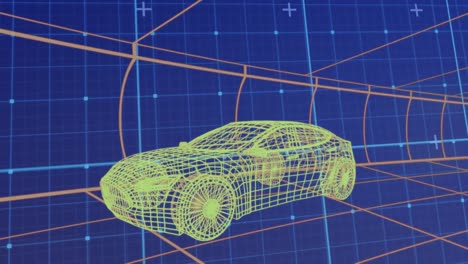 animation of data processing and shapes over digital car on blue background