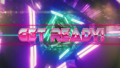 Animation-of-get-ready-text-banner-over-neon-green-and-pink-glowing-tunnel-in-seamless-pattern