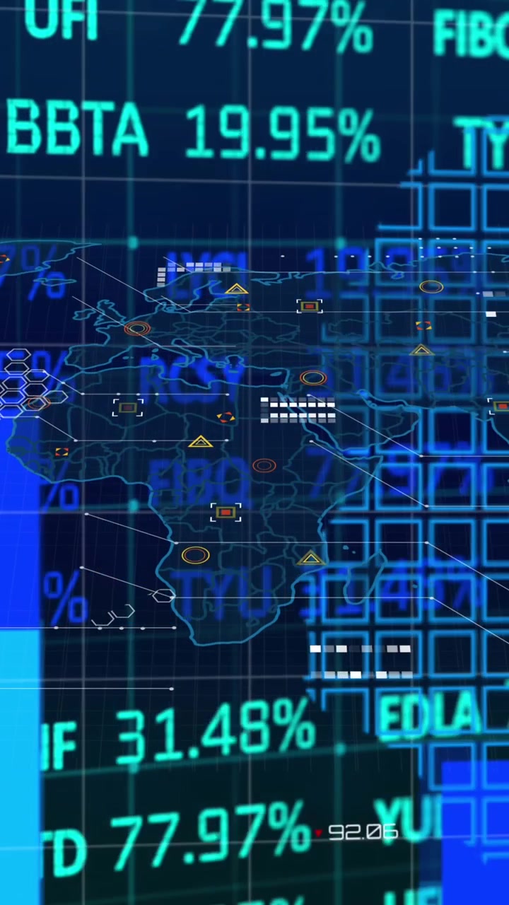 Animation of financial data processing and statistics over world map on black background