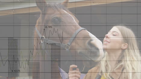 woman petting brown horse muzzle at stable, holding smartphone, showing finance graphs