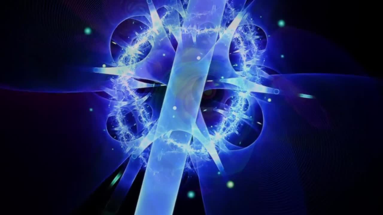 Animation of a blue broad string rotating with shiny blue structures at background. Graphics.