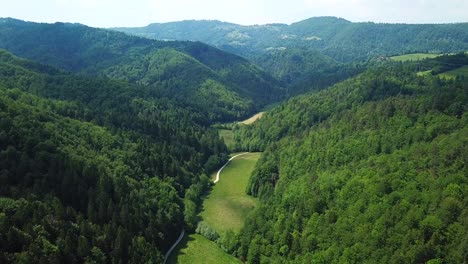 Aerial-view-of-a-mountain-road-surrounded-by-a-bright-green-forest