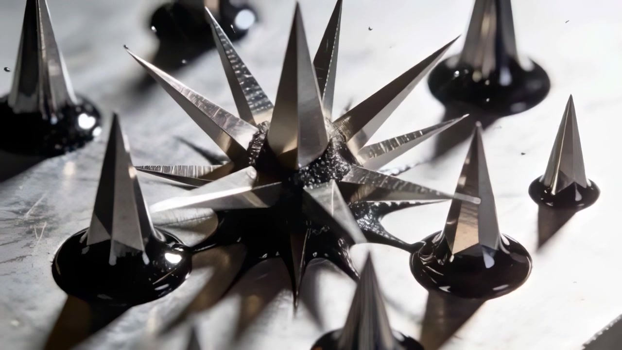Activating magnet pulling glossy ferrofluid along metal star on lab plate, creating jagged spikes