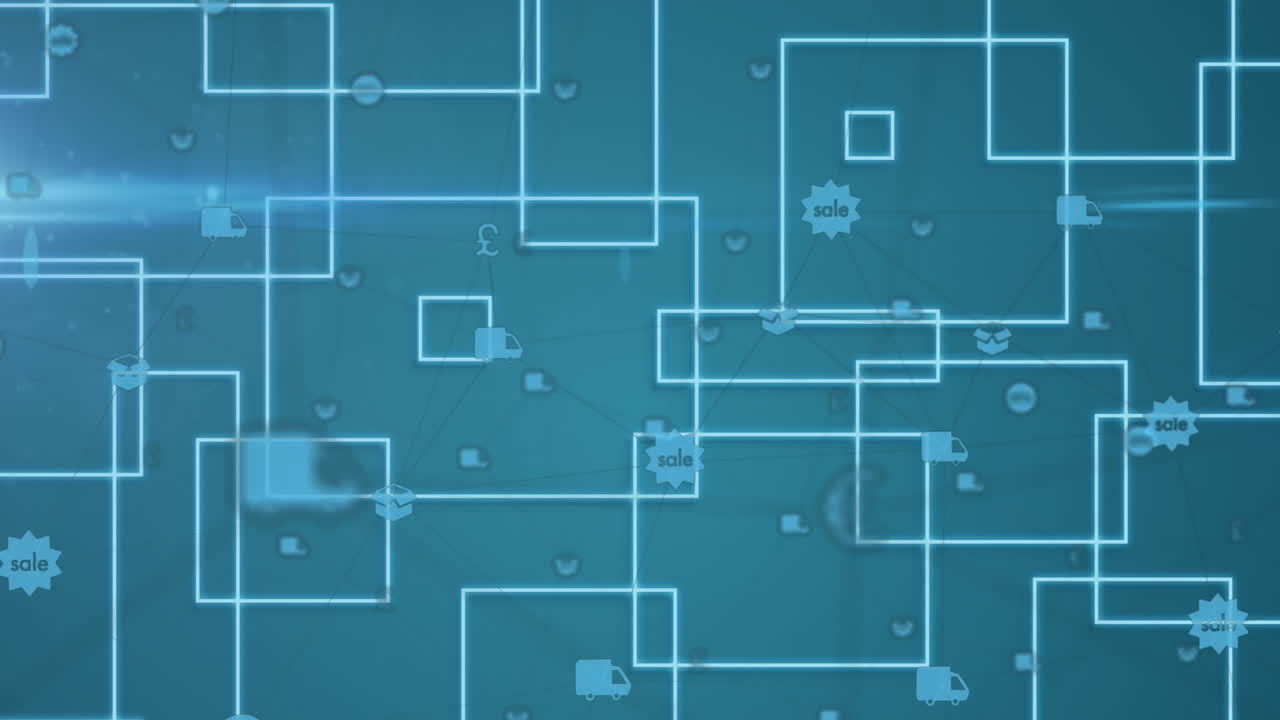 animación de diversos iconos flotando sobre rectángulos en el espacio azul