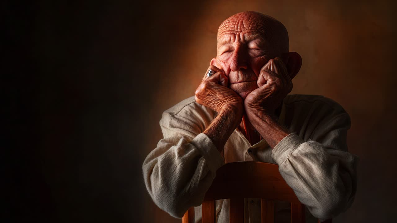 A Thoughtful Elderly Man Reflects in Contemplation, His Hands Supporting His Chin, Displaying a Depth of Experience and Emotion in Soft Light and Warm Tones