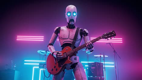 a fascinating robotic musician takes center stage, strumming an electric guitar in a vibrant neon atmosphere, blending technology with musical expression