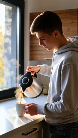 young man pouring hot coffee into a mug in the kitchen