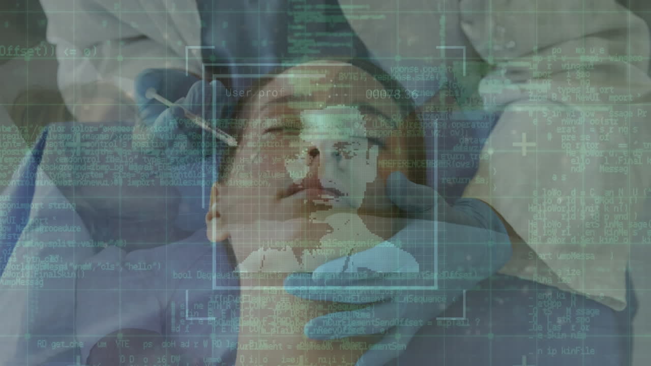 animación del procesamiento de datos sobre una cirujana caucásica sonriente