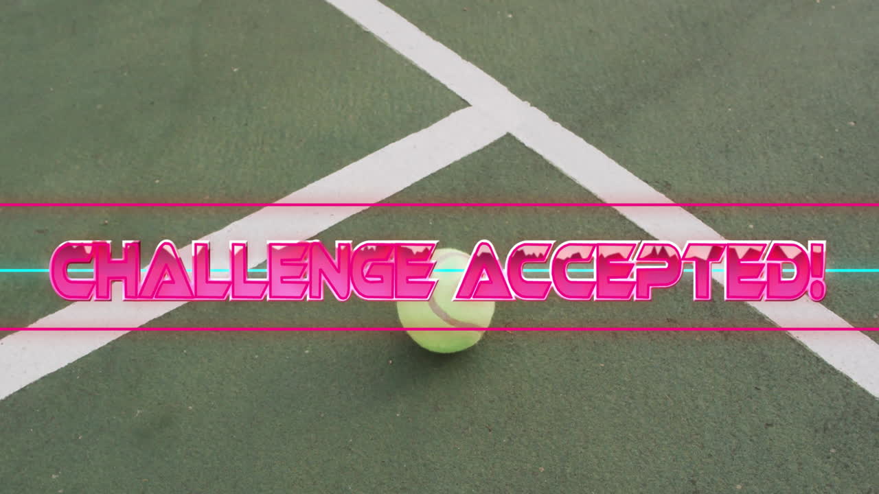 Green court showcasing crossing white lines, centered tennis ball and bold neon pink challenge text