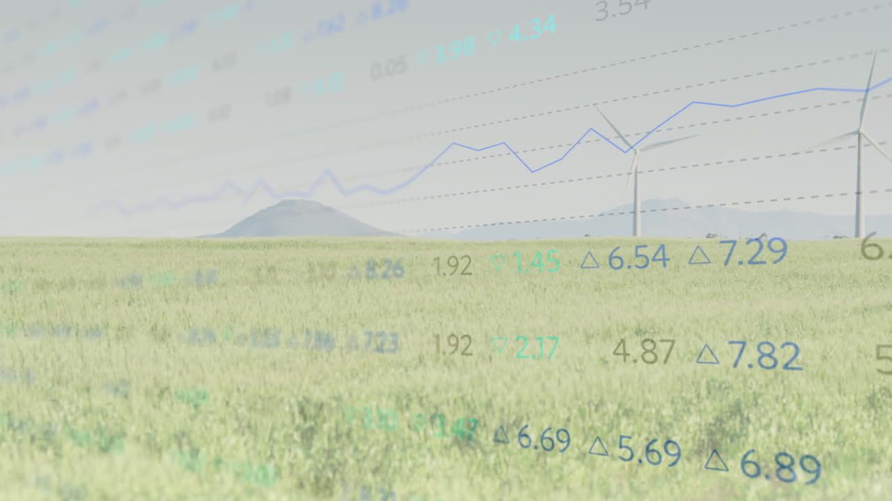 Wind turbines in field with animation of financial data and graphs overlaying scene