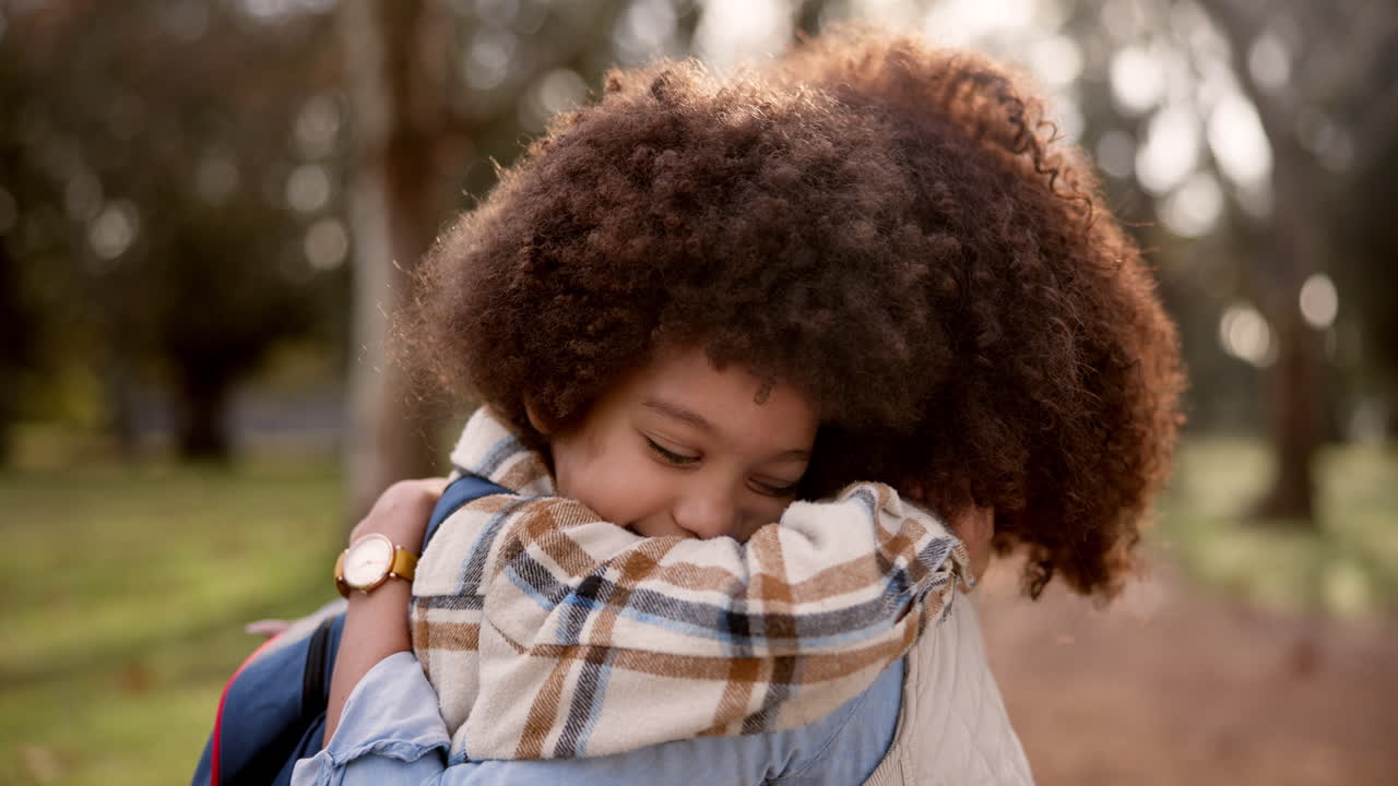 A mother and child sharing a loving hug outdoors