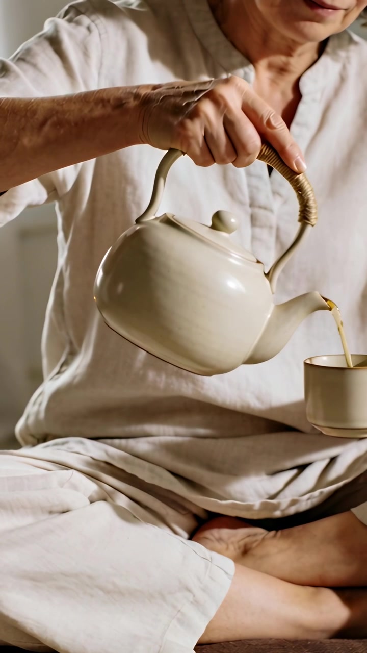 Video verticale: Donna anziana che solleva la teiera e versa il tè a casa, indossando lino leggero e riempiendo la tazza.