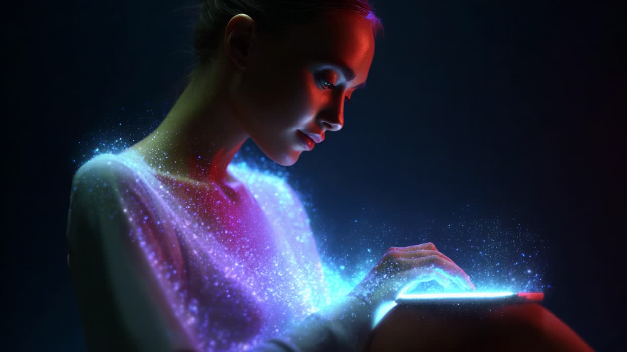Captivating Glow: A Profile of a Young Woman Engaged with a Digital Device, Radiating an Enchanting Aura of Light and Sparkles in a Darkened Environment, Symbolizing Innovation and Creativity in Technology