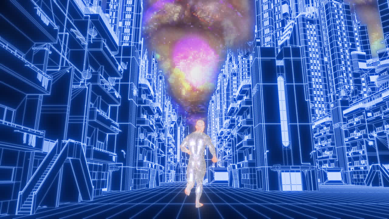 hombre de la ciudad futurista corriendo