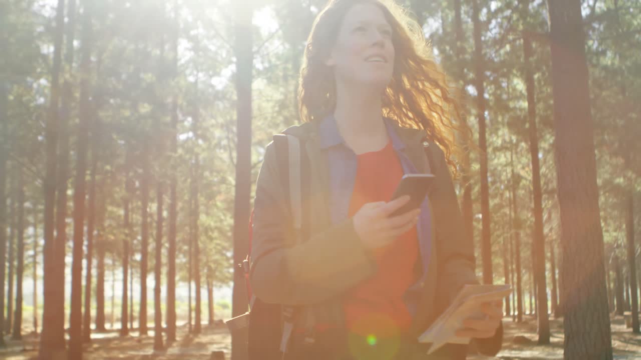 женщина использует мобильный телефон в лесу 4k