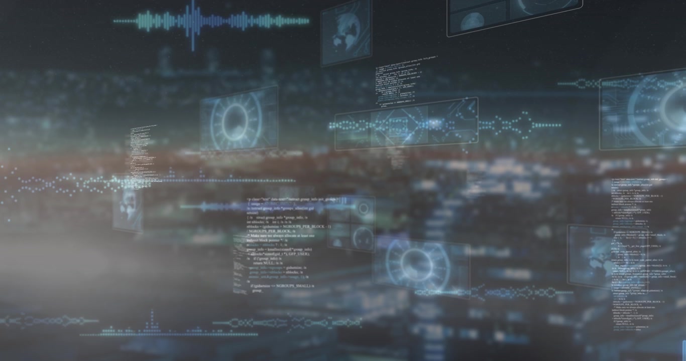 Holographic data panels forming above skyline, expanding, settling while showing urban tech data