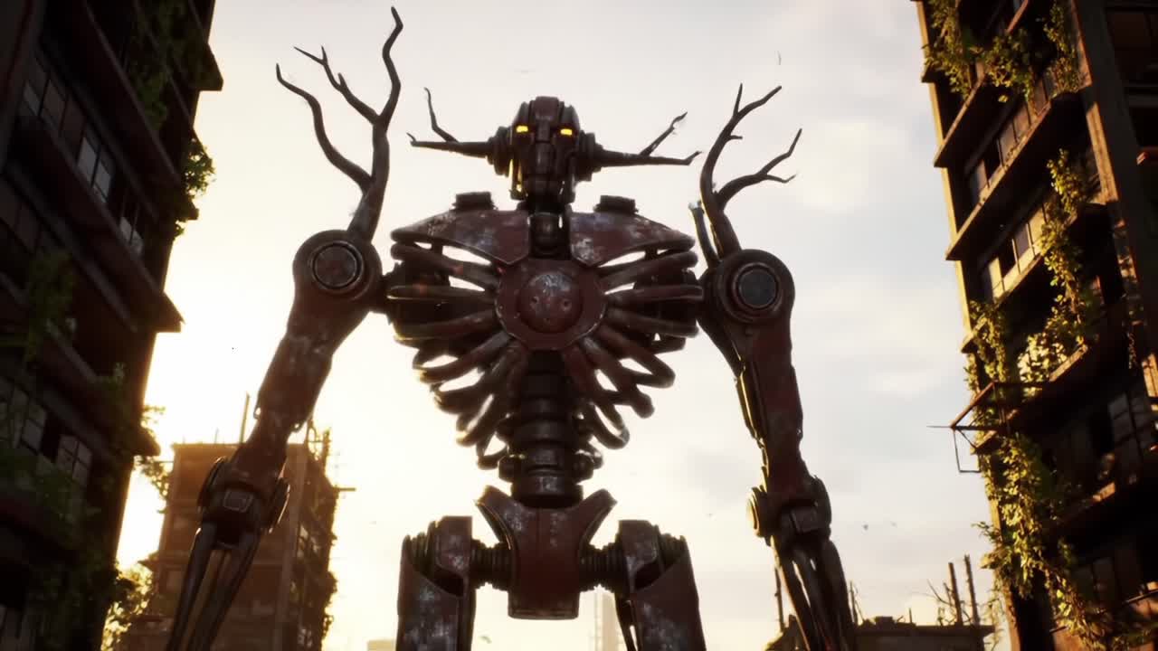 A towering robotic figure with skeletal features and branch-like protrusions stands amidst a desolate urban landscape, illuminated by a golden sunset, showcasing a blend of nature and technology