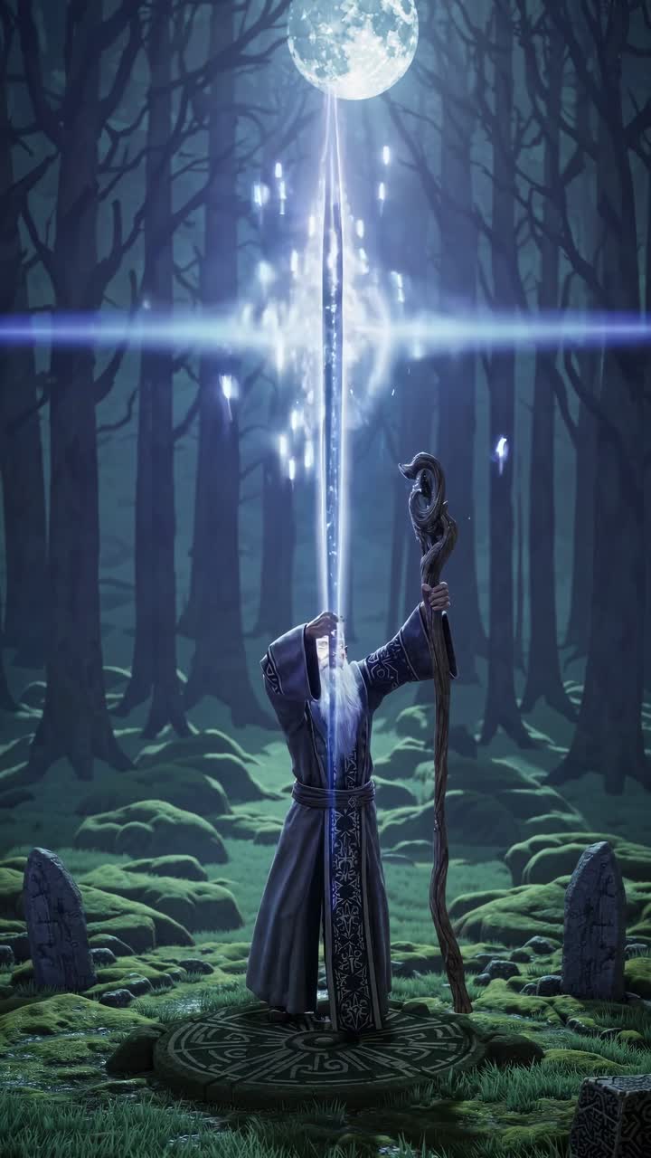 Un mago mistico si erge in una foresta illuminata dalla luna, che tiene un bastone.