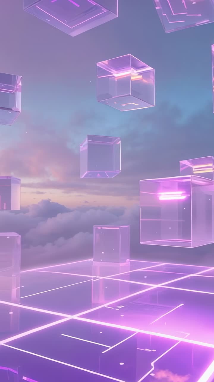 Vertical video: After fading in, neon cubes drifting and rotating on neon grid over clouds at dusk