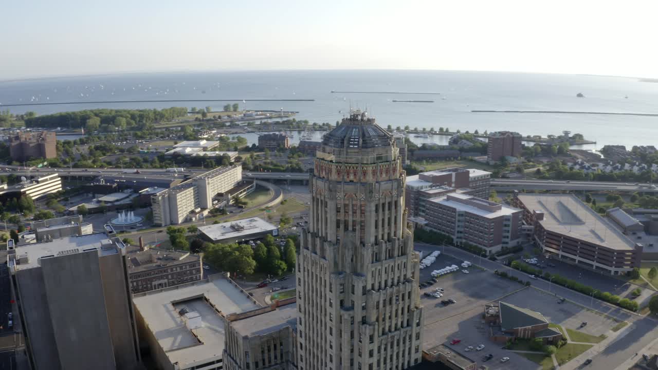 Downtown Buffalo, New York at sunset. This is one clip of many in this series - each of which shows a different angle of the city and slightly different contents (buildings - cars) in the frame.