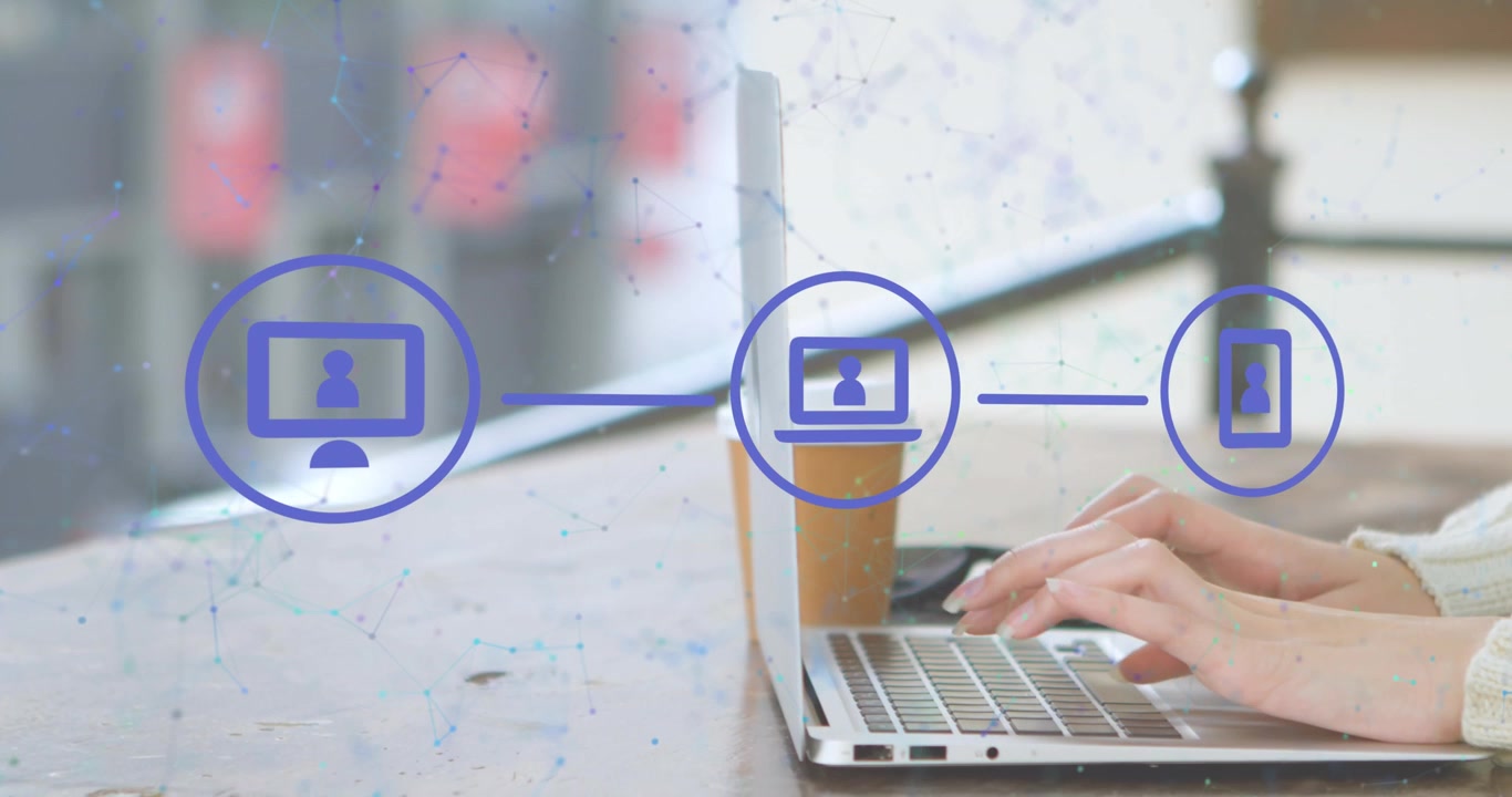 Animation of network of connections with icons over hands using laptop