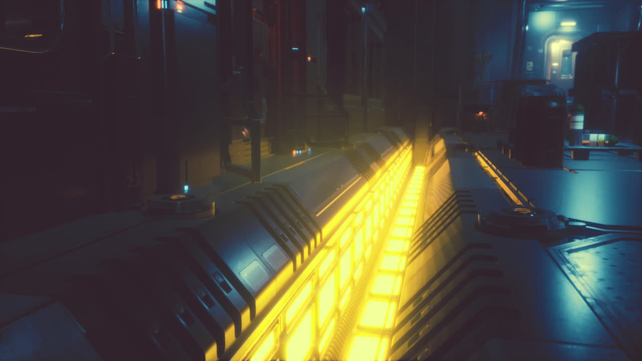 우주선에서 금속 채널을 가진 공상과학 장면