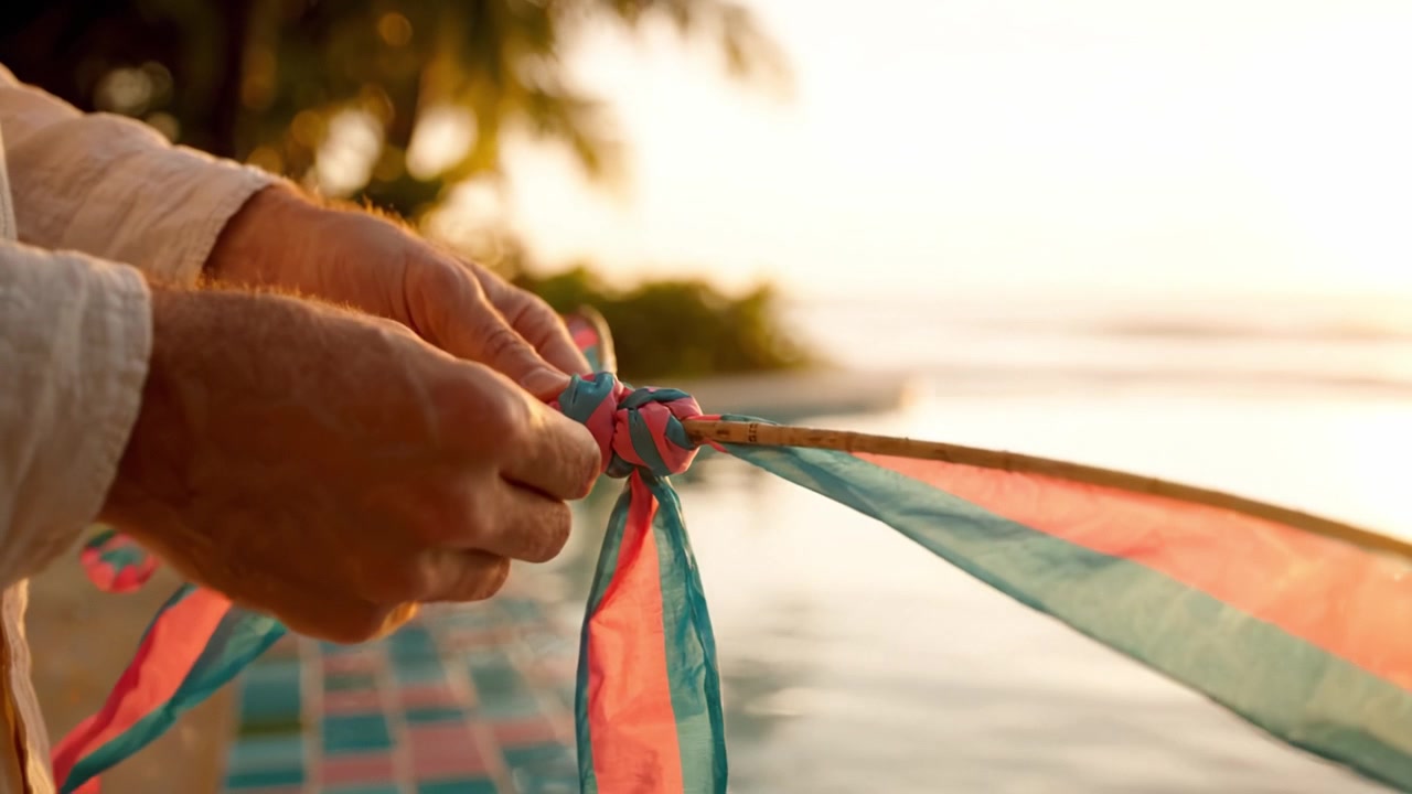 Una tranquilla scena al tramonto a bordo piscina, dove le mani legano abilmente nastri colorati, catturando un momento di relax e creatività nella natura.