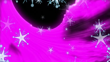 Animation-of-multiple-star-icons-floating-over-purple-digital-waves-against-black-background