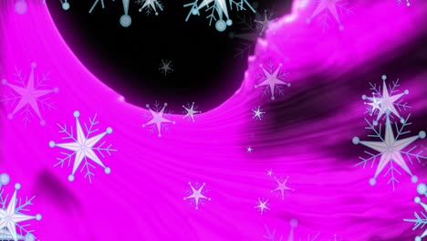 animación de múltiples iconos de estrellas flotando sobre ondas digitales púrpuras contra un fondo negro