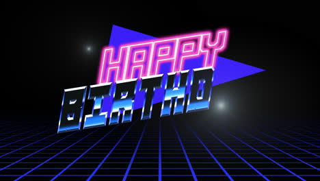 feliz cumpleaños con triángulo y cuadrícula al estilo de los años 80