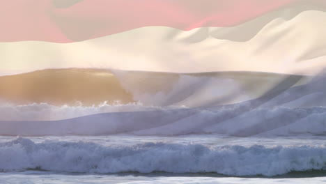 digital composition of waving netherlands flag against waves in the sea