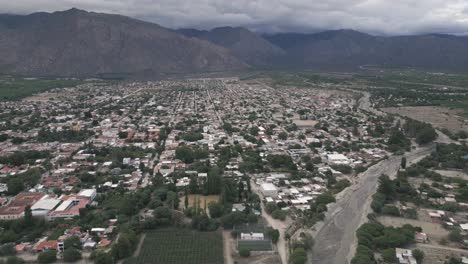 cafayate town and vineyards, aerial view salta argentina, wine production region in south america andean cordillera mountain range, panoramic scenic shot