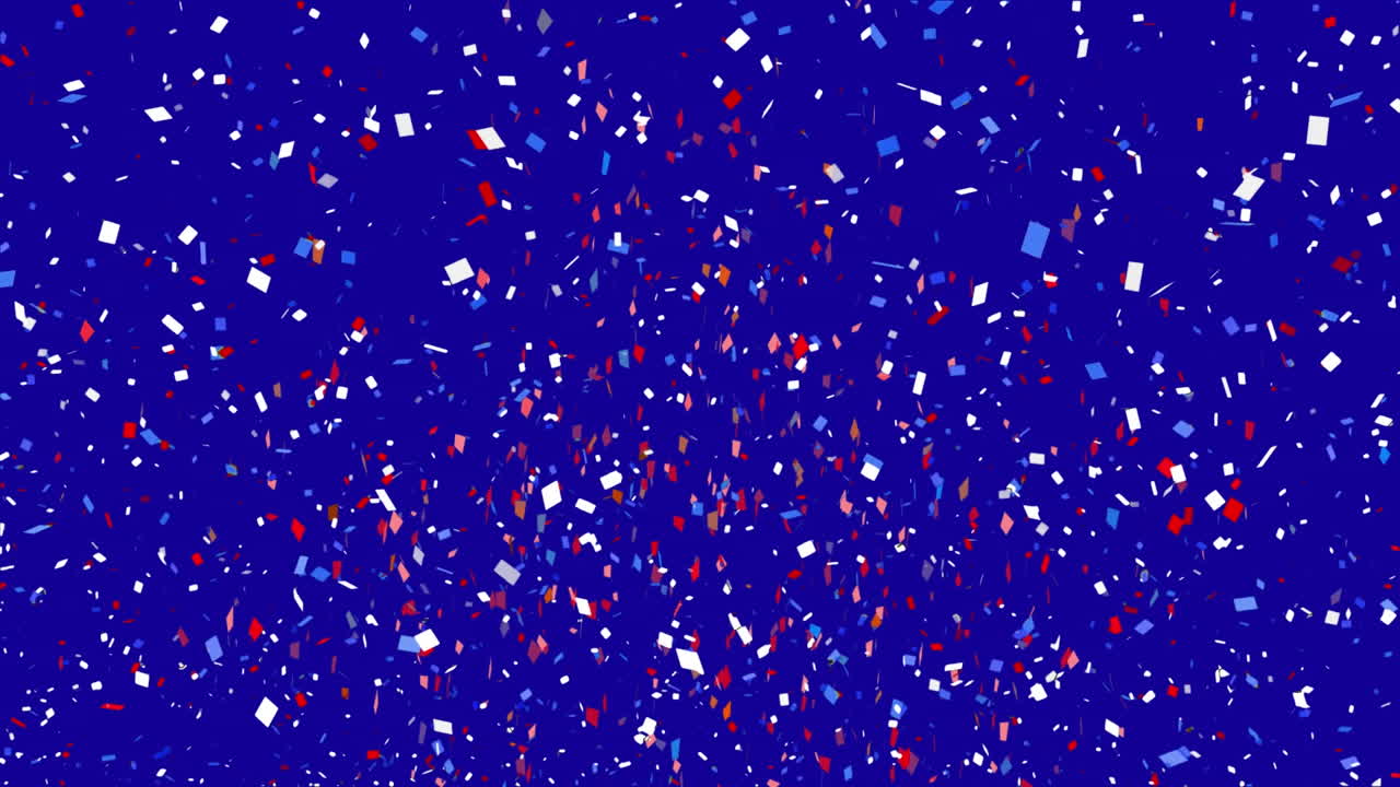 파란색 배경 위에 떨어지는  ⁇ 색, 파란색, 빨간색 콘페티의 애니메이션