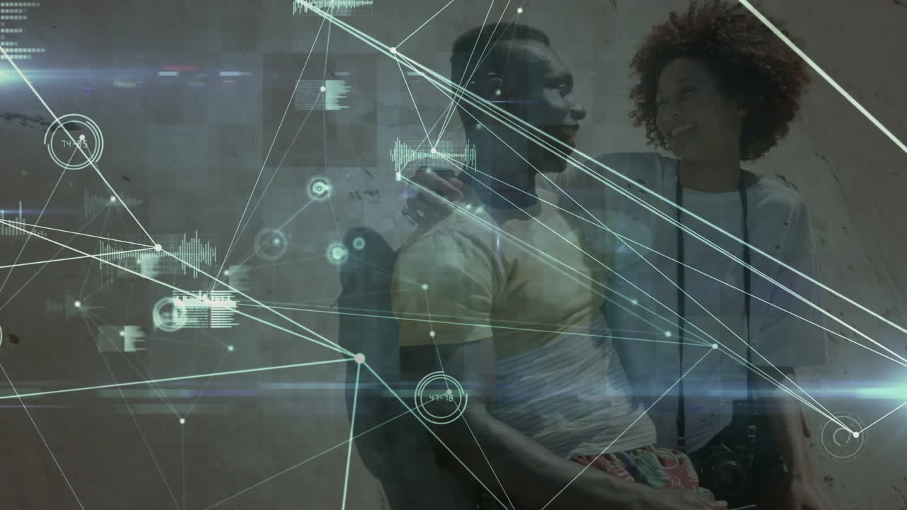 Animation of data processing over african american couple