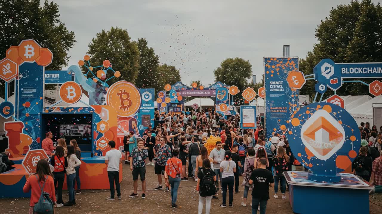 Vibrant Festival Atmosphere Captured at a Blockchain Event, Showcasing Enthusiastic Crowds and Colorful Digital Themes in an Engaging Outdoor Setting