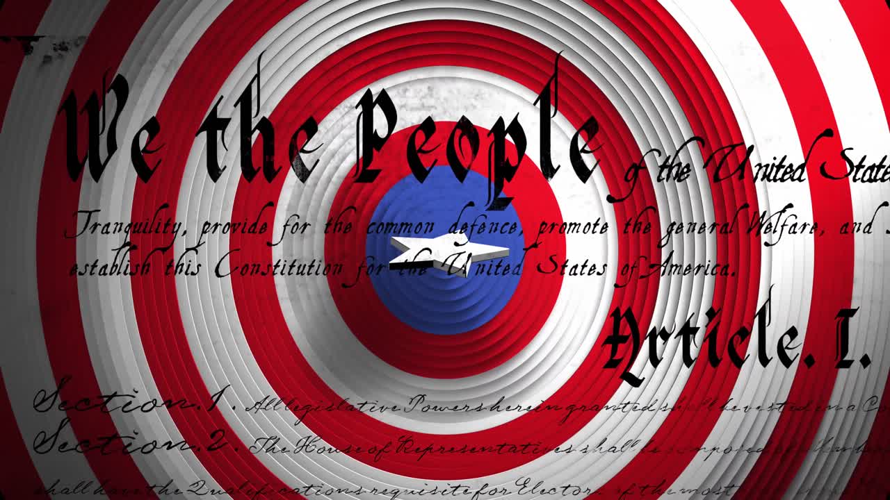 Animation of american constitution text over rings and star in american flag colours