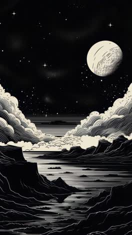 surreal night landscape illustration with a moonlit sky. low-angle view creates a cinematic video