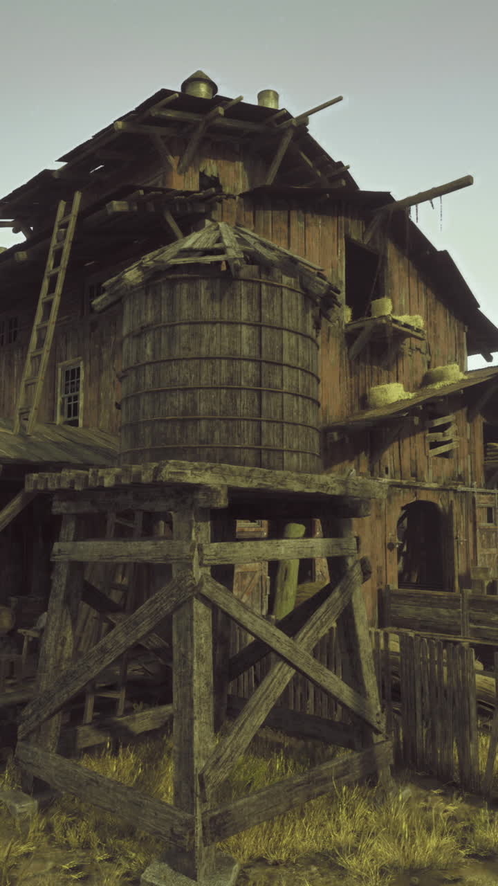 Rustic wooden structure in an abandoned mining town during dusk