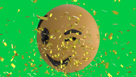 animación de confeti dorado cayendo sobre un emoji de cara parpadeante contra un fondo verde