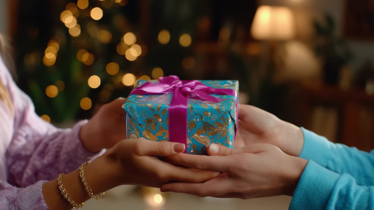 An Emotionally Charged Gift Exchange Scene with Warm Lighting and Holiday Decor, Featuring Hands Presenting a Beautifully Wrapped Present With a Bow in a Cozy Home Setting Filled with Cheer